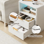 VOWNER Fluted Nightstand with Charging Station, 18” Night Stand with 2 Drawers, Faux Marble Top End Table with Storage Shelf, Curved Profile Side Table, Bedside Table for Bedroom Living Room, White