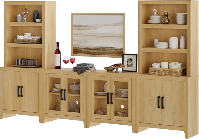 WAMPAT Entertainment Center with Bookshelves, 4-Piece Modular TV Stand with Storage Towers, Farmhouse Media Console with Glass Doors for Living Room, Bedroom, Oak