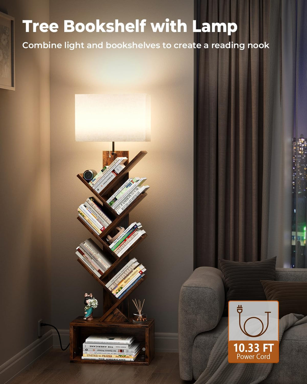 Evermagin 6 Tier Tree Bookshelf with Light, Bookcase, Rustic Brown | Narrow T...