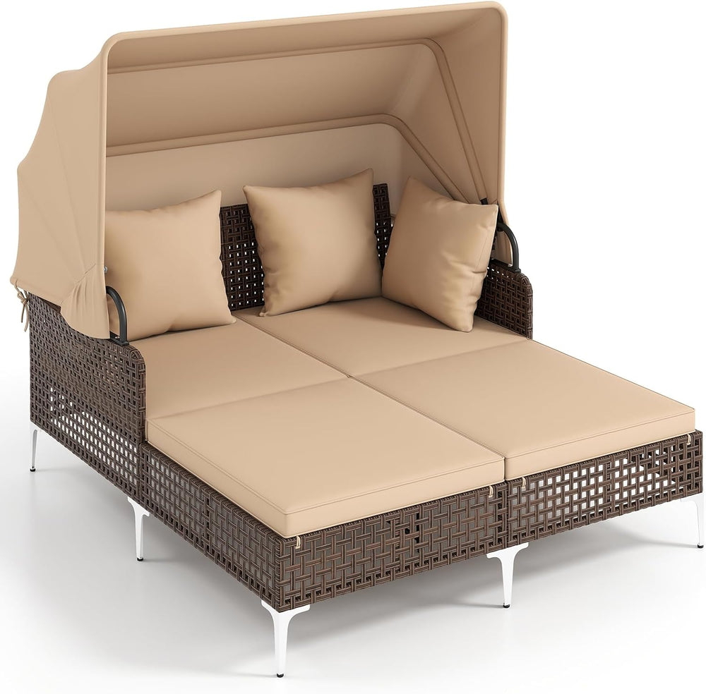Tangkula Outdoor Rattan Daybed with Retractable Canopy, Boho Patio Wicker Sun...