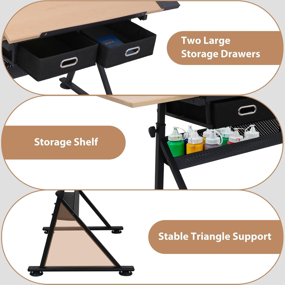JupiterForce Drafting Table Art Desk with 2 Storage Drawers, Height Adjustabl...