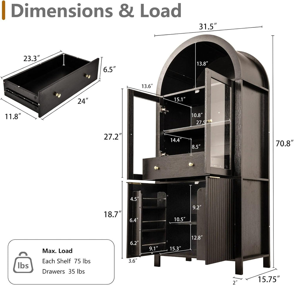 71" Tall Arched Pantry Cabinet with Glass Doors, Fluted Kitchen Storage ...