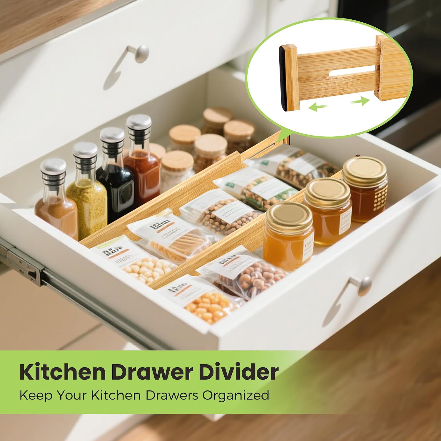 Fyvva Drawer Divider, Adjustable Bamboo Kitchen Drawer Organizer, Spring Loaded Drawer Organizer, Dresser Separators for Kitchen, Bathroom, Clothes, Office Desk Storage (Natural, 4 Pack Large)