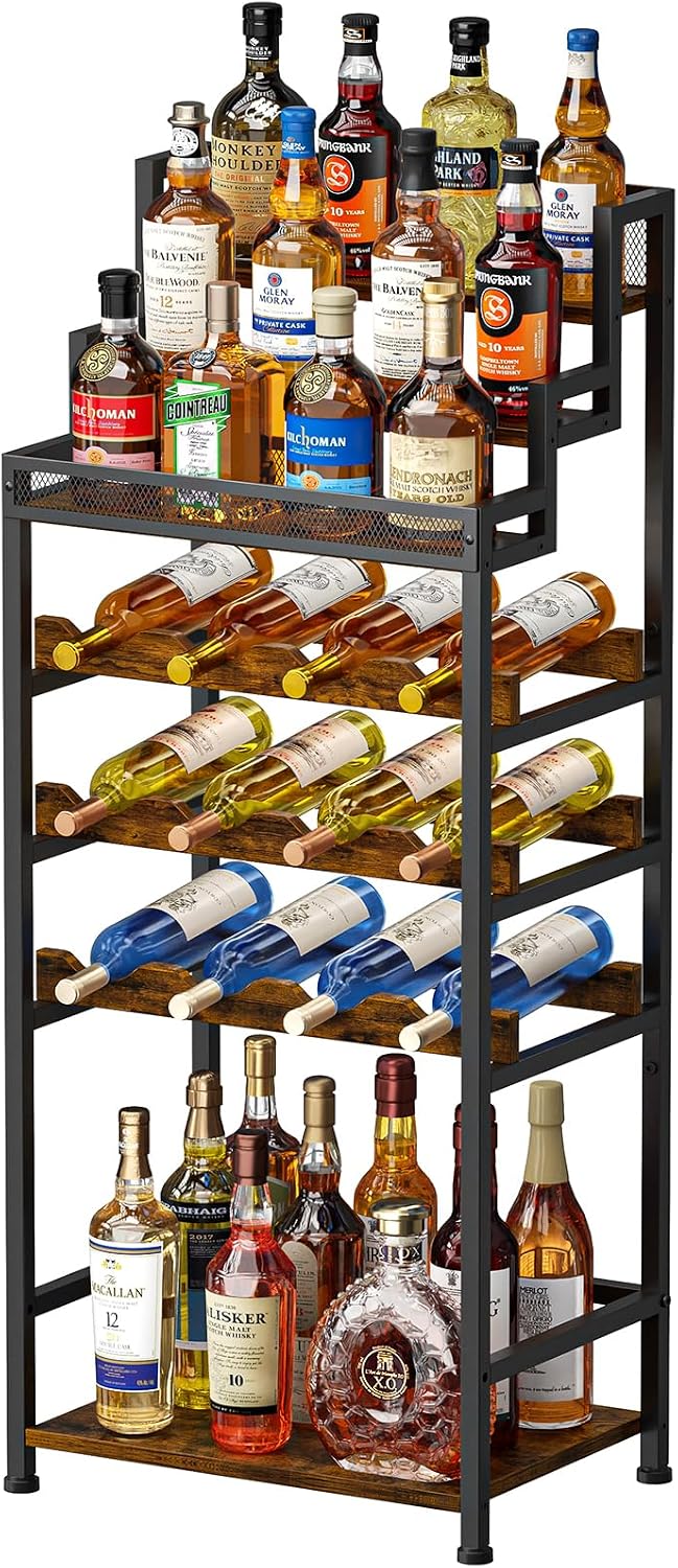 Tiered Wine Rack and Liquor Cabinet, Large Capacity Freestanding Floor Wine S...
