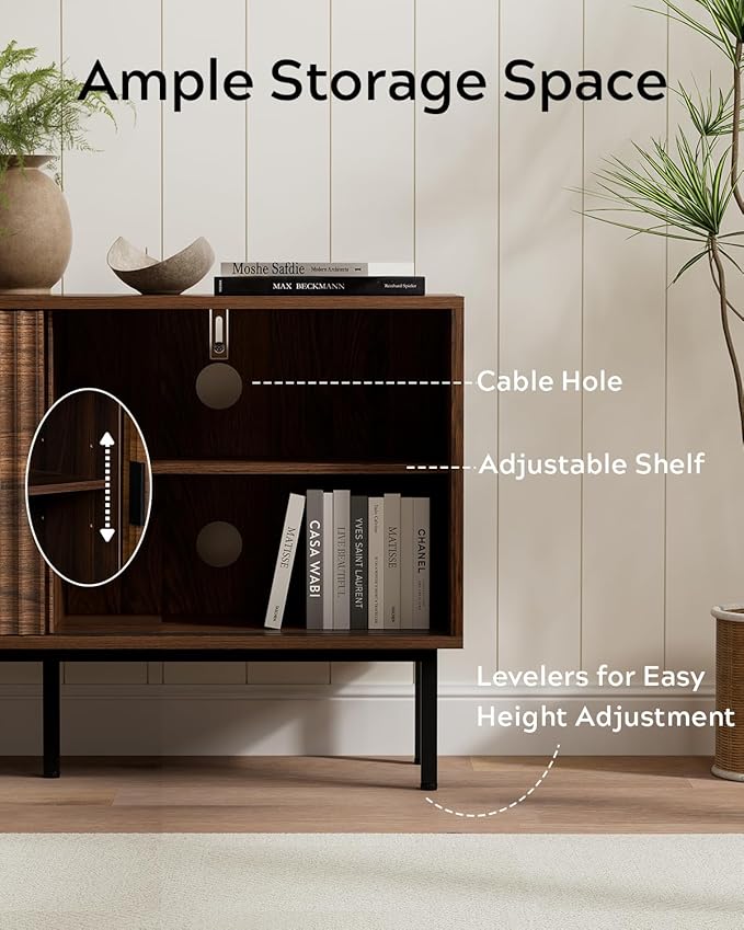 Fluted Tv Stand with Sliding Doors, 47" Mid Century Storage Cabinet with Adjustable Shelf, Wooden Media TV Console Entertainment Center for Living Room, Brown