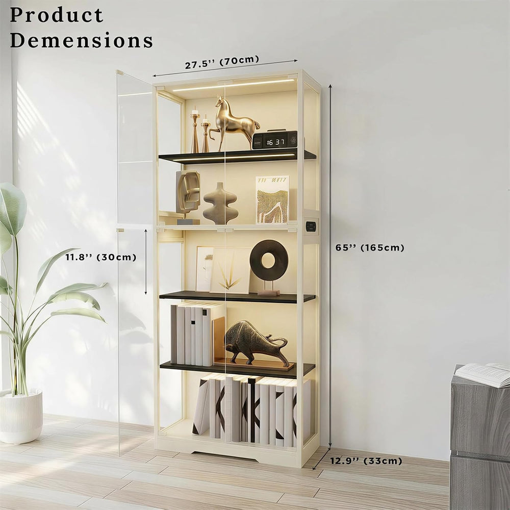 65" Display Cabinet with Glass Doors & LED Lights, Light Wood