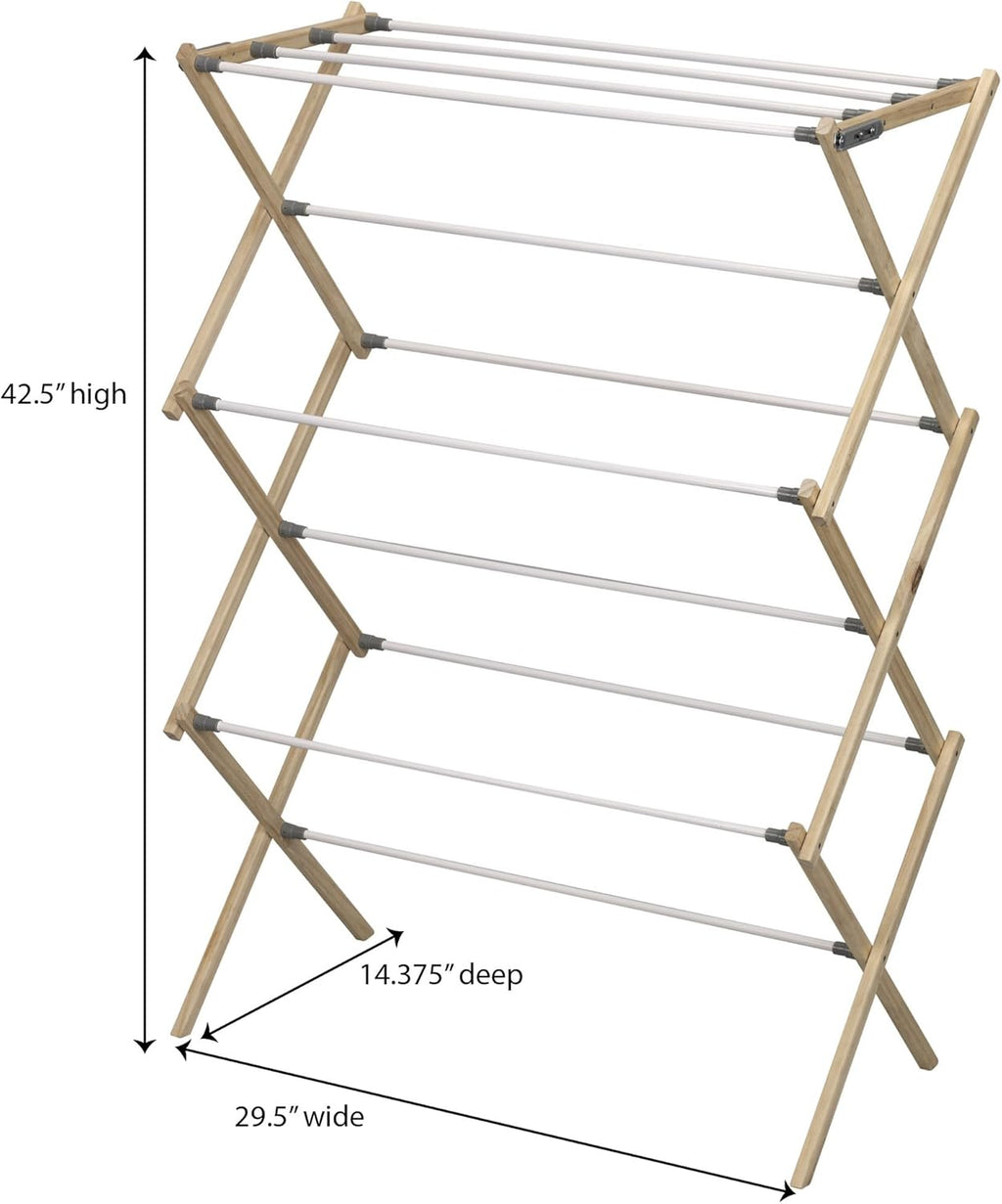Household Essentials X-Frame Clothes Drying Rack, Stabile Wood Frame with Slanted Feet, Smooth Vinyl Wrapped Rods, 23.8 Feet of Hanging Space, Ready to Assemble, Flat Top, Natural