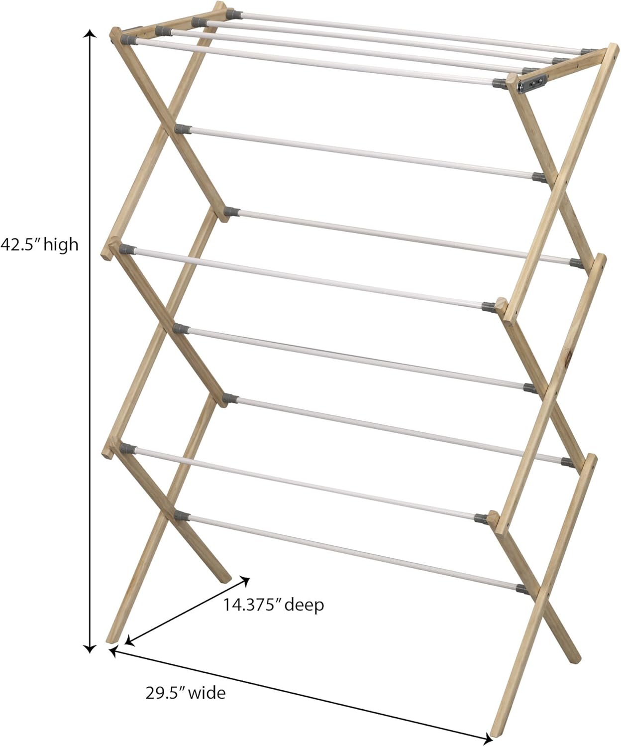 Household Essentials X-Frame Clothes Drying Rack, Stabile Wood Frame with Slanted Feet, Smooth Vinyl Wrapped Rods, 23.8 Feet of Hanging Space, Ready to Assemble, Flat Top, Natural