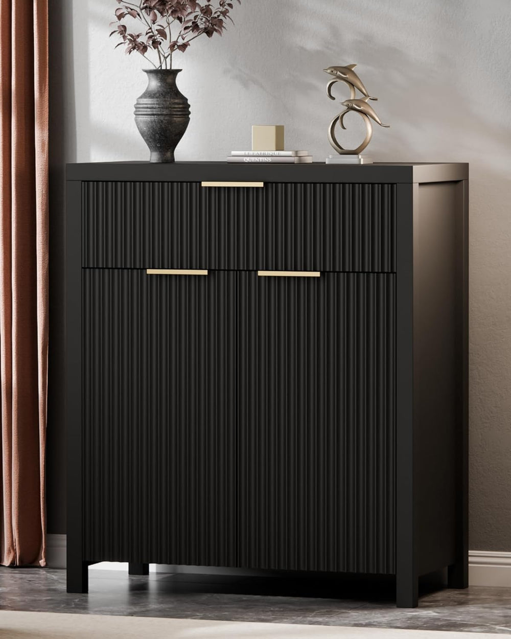 Lulive Black Fluted Storage Cabinet with Drawers Buffet Sideboard Cabinet wit...