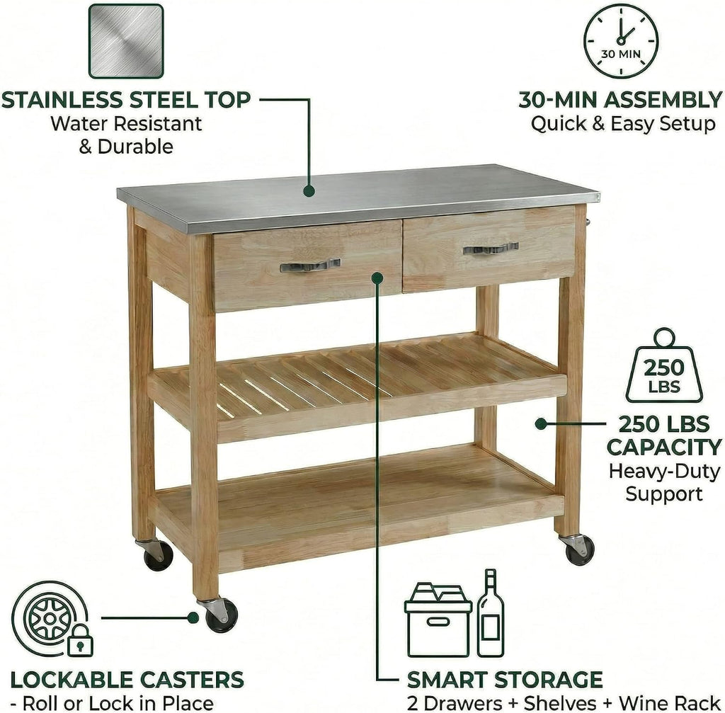 42" W Solid Wood Kitchen Island, Stainless Steel Top | 250 lbs capacity, lockable wheels, 2 utility drawers, wine rack, prep table for small spaces
