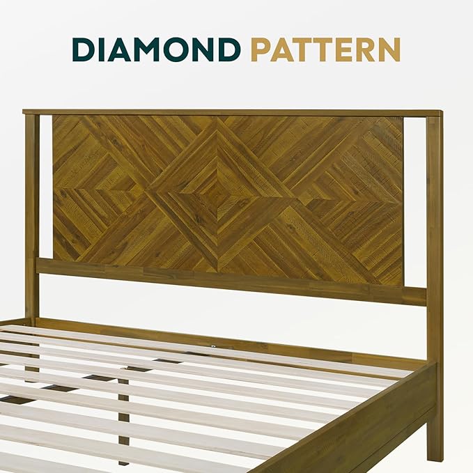 Bme Ethan Solid Wood King Bed Frame with Diamond Headboard - Rustic & Mid-century Modern - Acacia Wood Platform Bed - Compatible with All Mattresses - No Box Spring Needed - Rustic Dark Brown