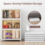 Stackable Storage Bins with Lids, Large Collapsible Storage Bins with Wheels, Plastic Cabinet with Doors, Foldable Closet Organizers for Home, Dorm, Office (White-55QT, 3Pack with 1Top Lid)