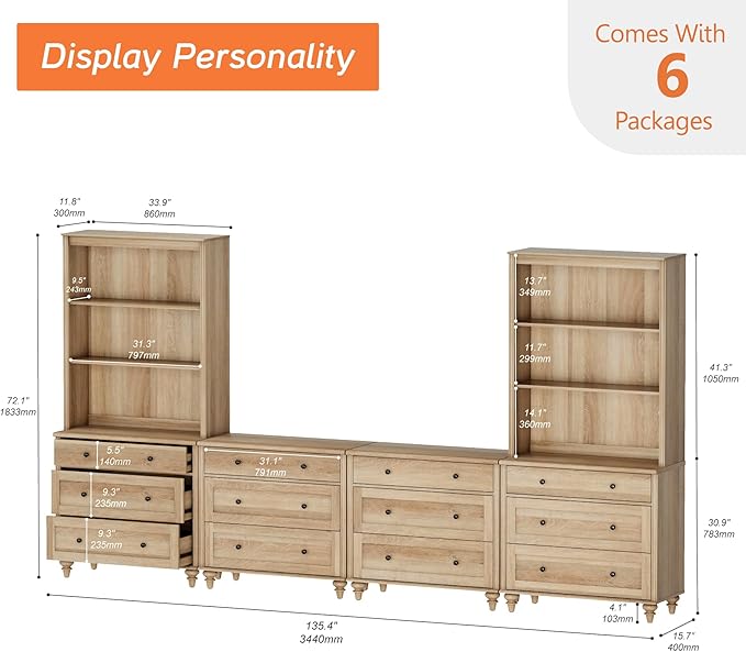WAMPAT Entertainment Center with Bookshelves for TVs up to 75", Farmhouse Wall Unit TV Stand with Drawers, Media Console Table for Living Room, Bedroom & Home Theater, Oak