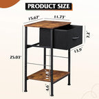 WLIVE Nightstand Set of 2, End Table with Fabric Storage Drawer and Open Wood Shelf, Bedside Furniture with Steel Frame, Side Table for Bedroom, Dorm, Black and Rustic Brown, 25.03" Height