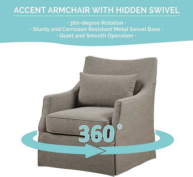 Martha Stewart London Swivel Chair - Solid Wood & Plywood, Skirted Metal Base Accent Armchair, Lumbar Pillow -Modern Classic Family Room Sofa Furniture Bedroom Lounge, 28"X31.5"X35.25", Tan Multi