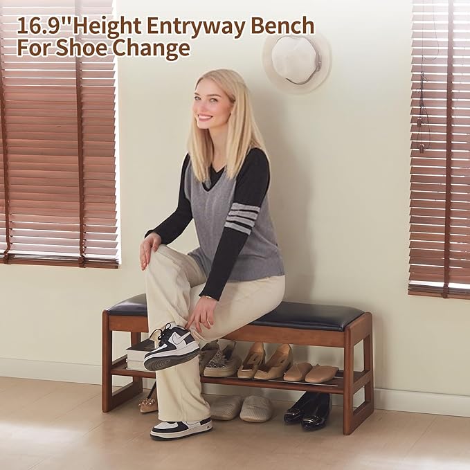 Shoe Rack Bench with Storage-Wood Shoe Bench for Entryway 40" 2 Tier Shoe Organizer with Cushion, PU Solid Wood LEDs Flip Top Entryway Shoe Organizer Space Saving Hallway