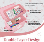 Flexzion First Aid Box Organizer Empty 13" Pink Vintage First Aid Kit Tin Metal Medical Box - First Aid Storage Box Container Bins with Dividers, Removable Tray and White Cross Logo