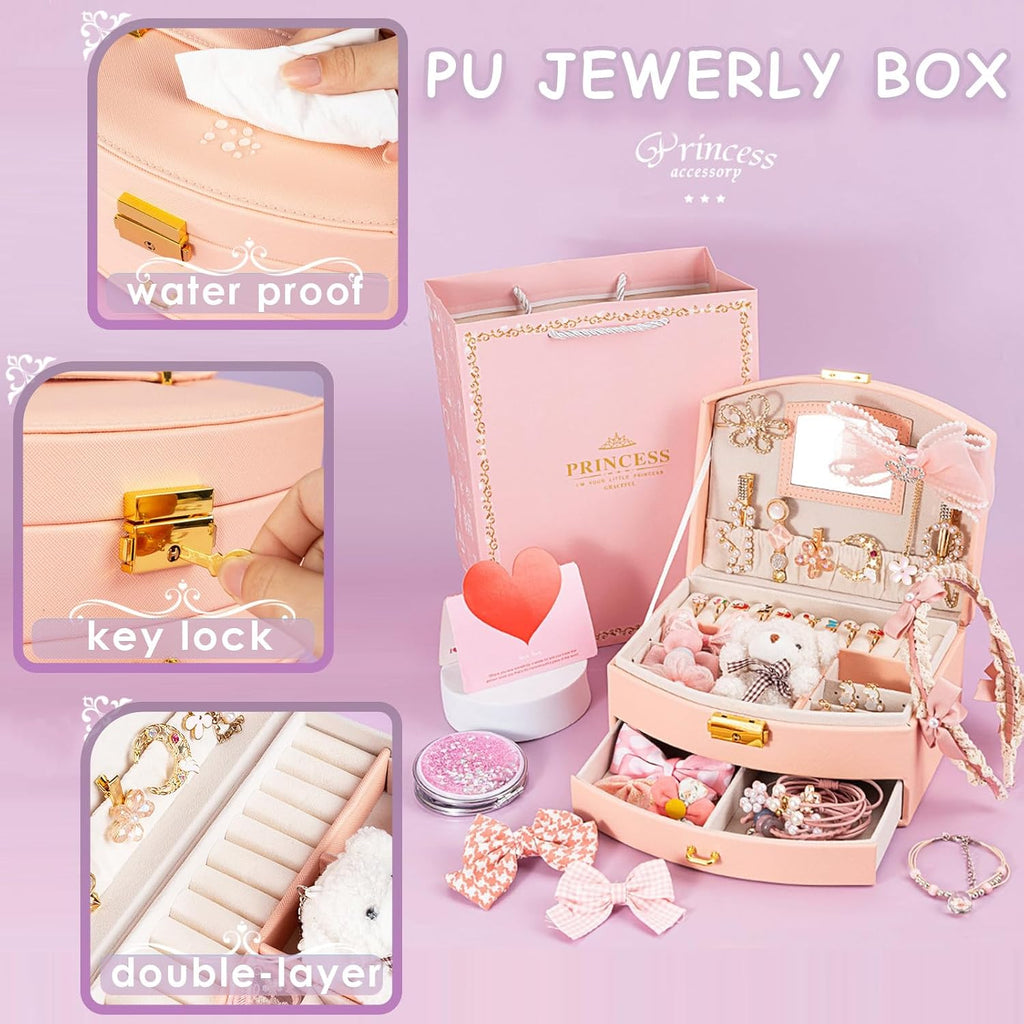 Princess Jewelry Box for Girls with Hair Accessories,Girls Hair Clips Bows Set, Fashion Hair Styling Kit with Mirror,Pink Sparkle Trinket Box Includes Hair Clips