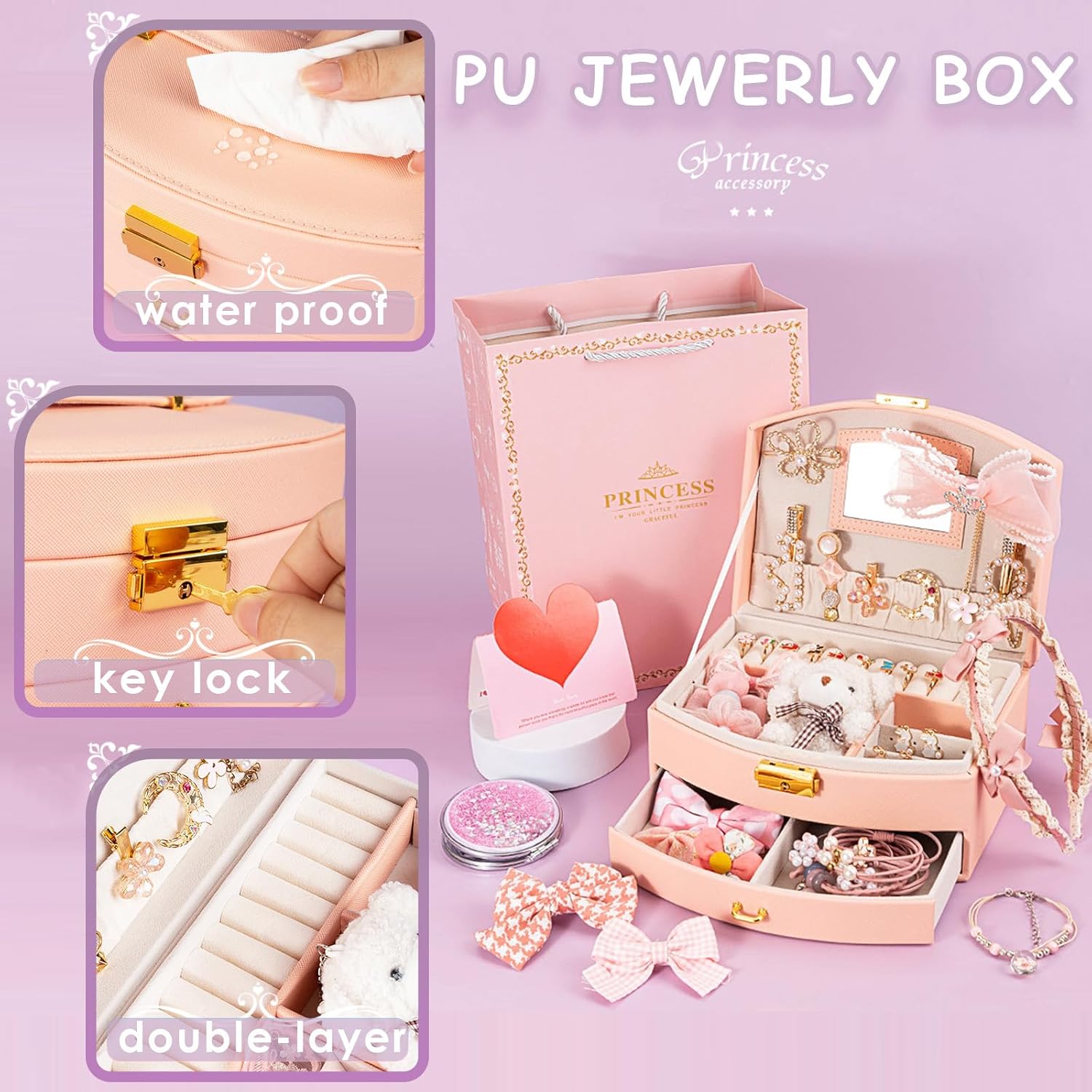 Princess Jewelry Box for Girls with Hair Accessories,Girls Hair Clips Bows Set, Fashion Hair Styling Kit with Mirror,Pink Sparkle Trinket Box Includes Hair Clips