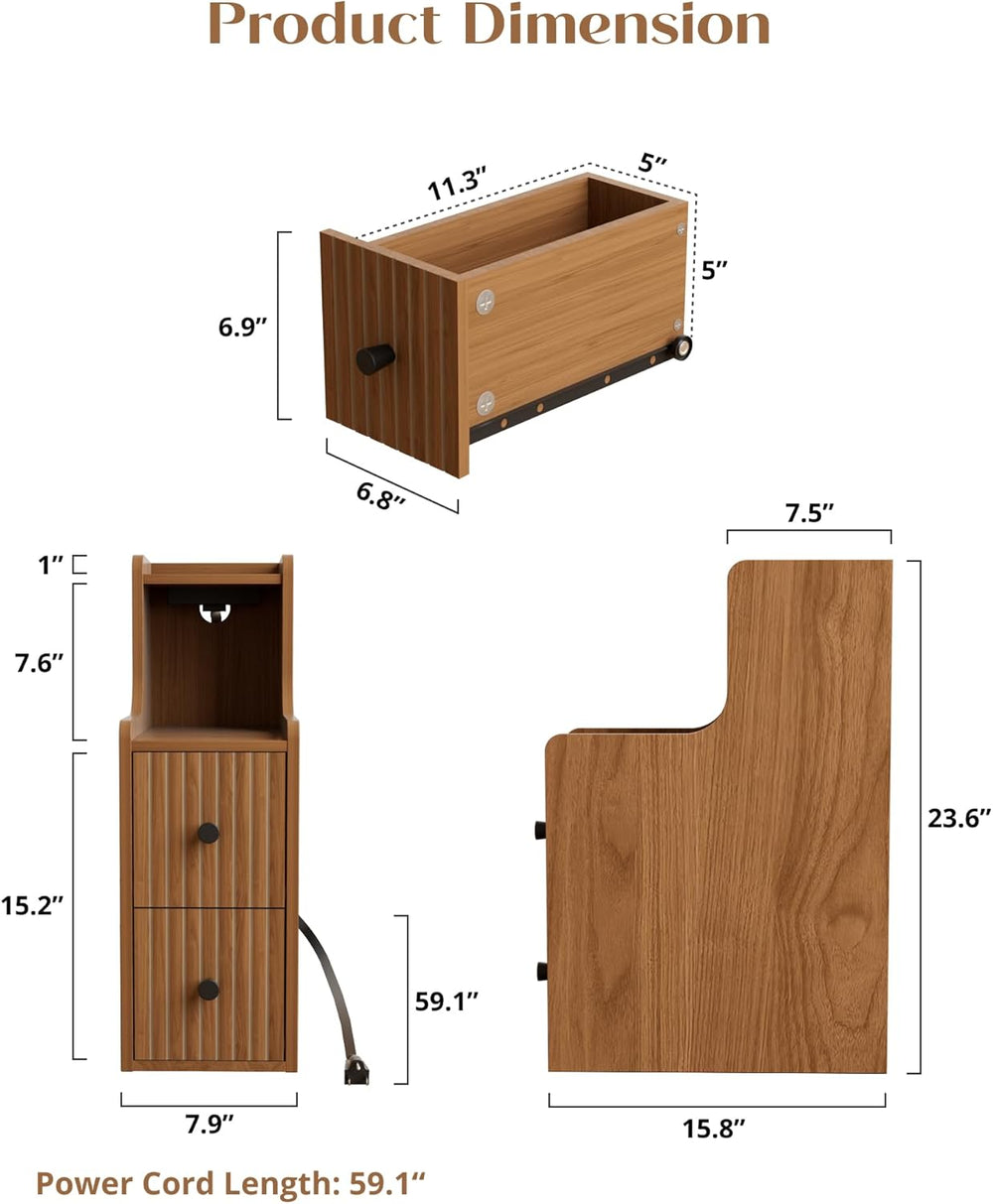 Set of 2 Narrow Side Table with Charging Station, Wooden Slim End Table with ...