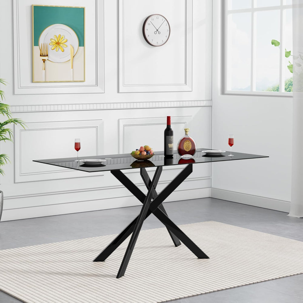 Modern Black Glass Dining Table Set for 6, Glass Kitchen Table and Chairs Set...