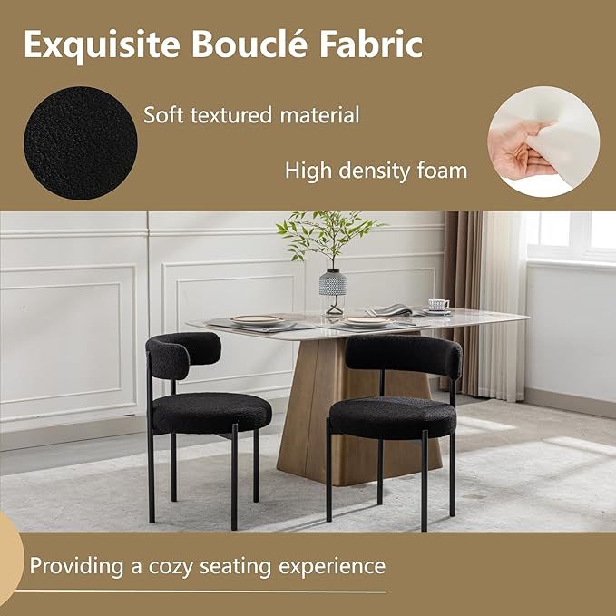 Boucle Dining Chairs Set of 6, Black Dining Chairs with Upholstered Seat and ...