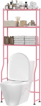 3-Tier Over The Toilet Storage, Freestanding Metal Bathroom Shelves, Space Saver Above The Over Toilet Storage Shelf for Bathroom (Pink)