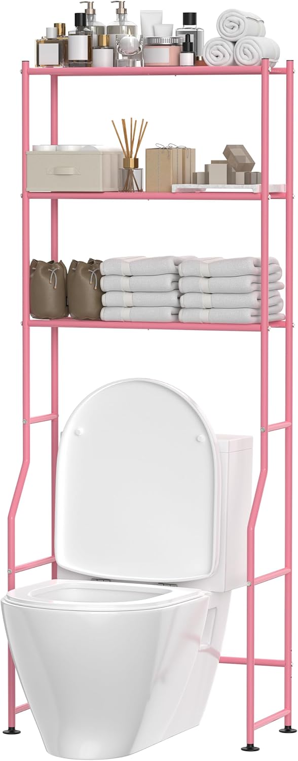3-Tier Over The Toilet Storage, Freestanding Metal Bathroom Shelves, Space Saver Above The Over Toilet Storage Shelf for Bathroom (Pink)