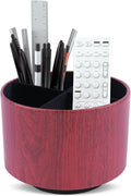 Round Leather Art Supply Organizer,Remote Control Holder,360 Degree Spinning,Multi-Functional Pencil Holder,4 Compartments Desktop Stationary Organizer(1-Thin Wood Red Brown)