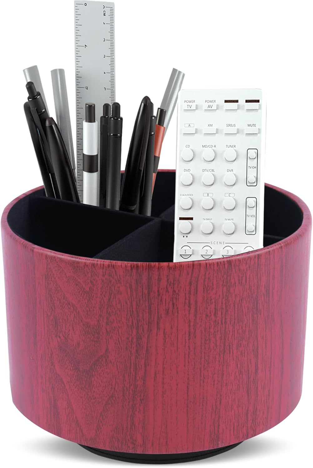Round Leather Art Supply Organizer,Remote Control Holder,360 Degree Spinning,Multi-Functional Pencil Holder,4 Compartments Desktop Stationary Organizer(1-Thin Wood Red Brown)