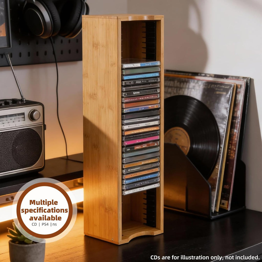 AriSen Bamboo CD Storage Rack, CD Record Rack, DVD Media Disc Rack, Storage & Display Rack for Vintage Music Records, CD Collection Case