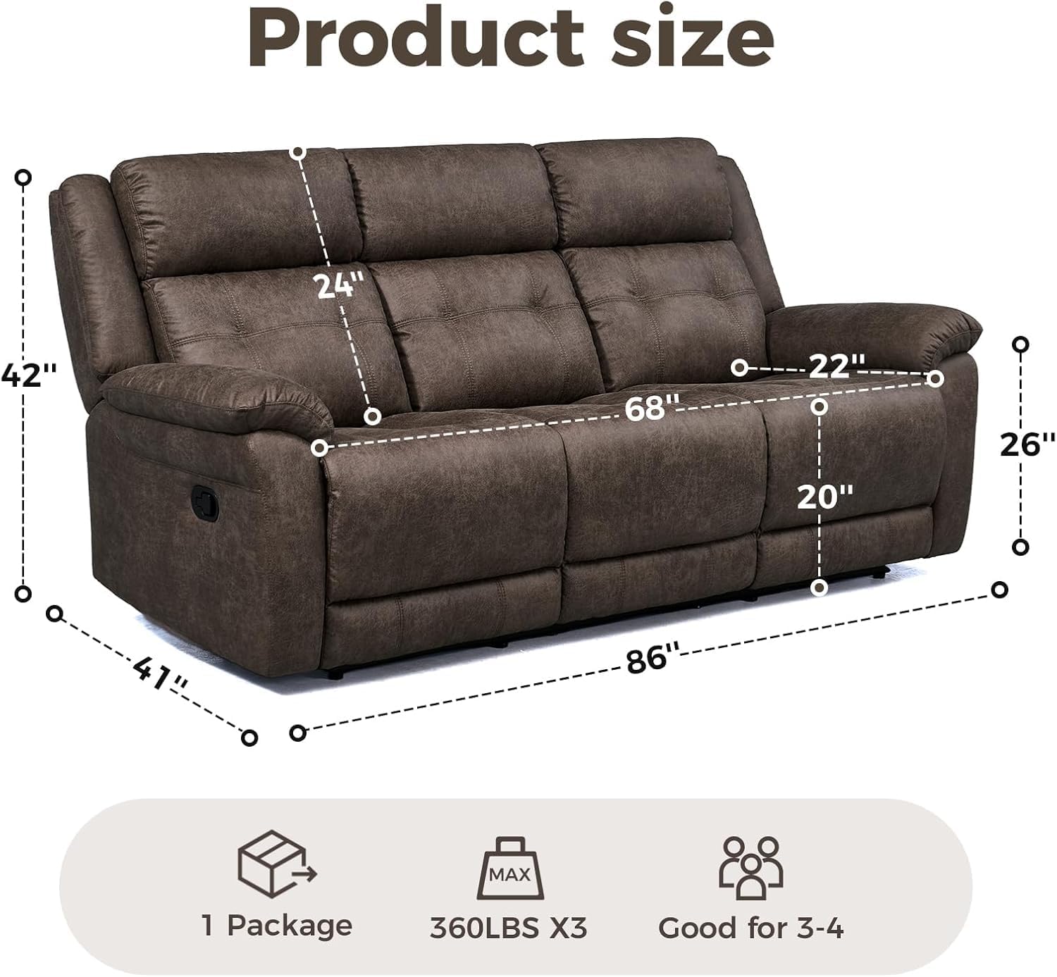 Oversized Manual Recliner Sofa, 86” Extra Wide 3 Seater Reclining Couch for Living Room, Dual Pull Handle Recliners, Upright Middle Seat, One-Piece Design No Assembly Required, Performance Fabric