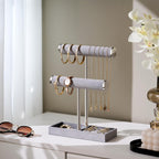 2 Tier Bracelet Holder Display - Detachable T Bar Grey Velvet Bracelet Holder, Jewelry Holder Organizer for Bracelet, Necklace, Earrings, Rings