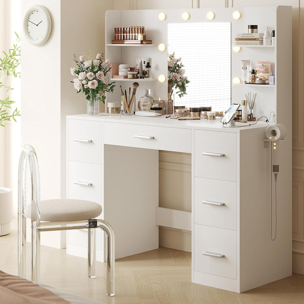 YESHOMY Vanity Desk with Mirror, Outlet, 10 Lights & 7 Drawers,White