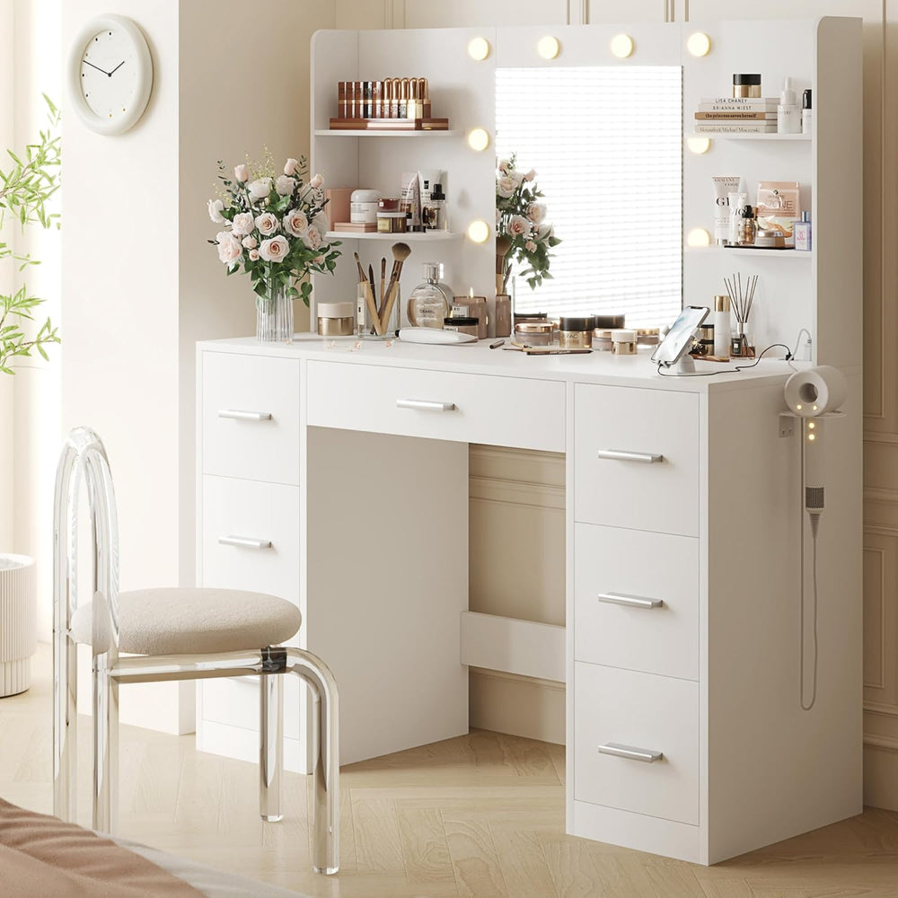 YESHOMY Vanity Desk with Mirror, Outlet, 10 Lights & 7 Drawers,Pure White...