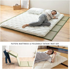 EMOOR Japanese Futon Mattress Premium CLASSE and Tatami Mat Set Queen, Floor Sleeping Mat Sikibuton Igusa Natural Cotton