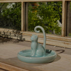 Handmade Celadon Cat Ring Holder Dish | Ceramic Jewelry Tray for Rings & Earrings, Cat Lover Gift for Women, 8th 9th Pottery Anniversary, Birthday Gift