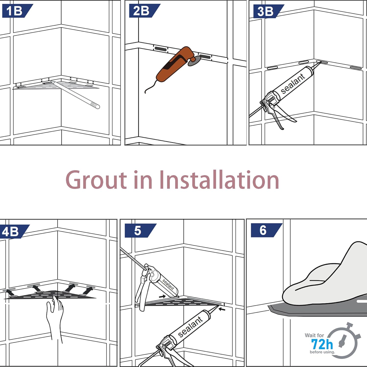 Grout in Shower Shelves with Hooks, 304 Stainless Steel Corner Bathroom Shelf for Tiled Wall (Brushed, 10'' x 10'')