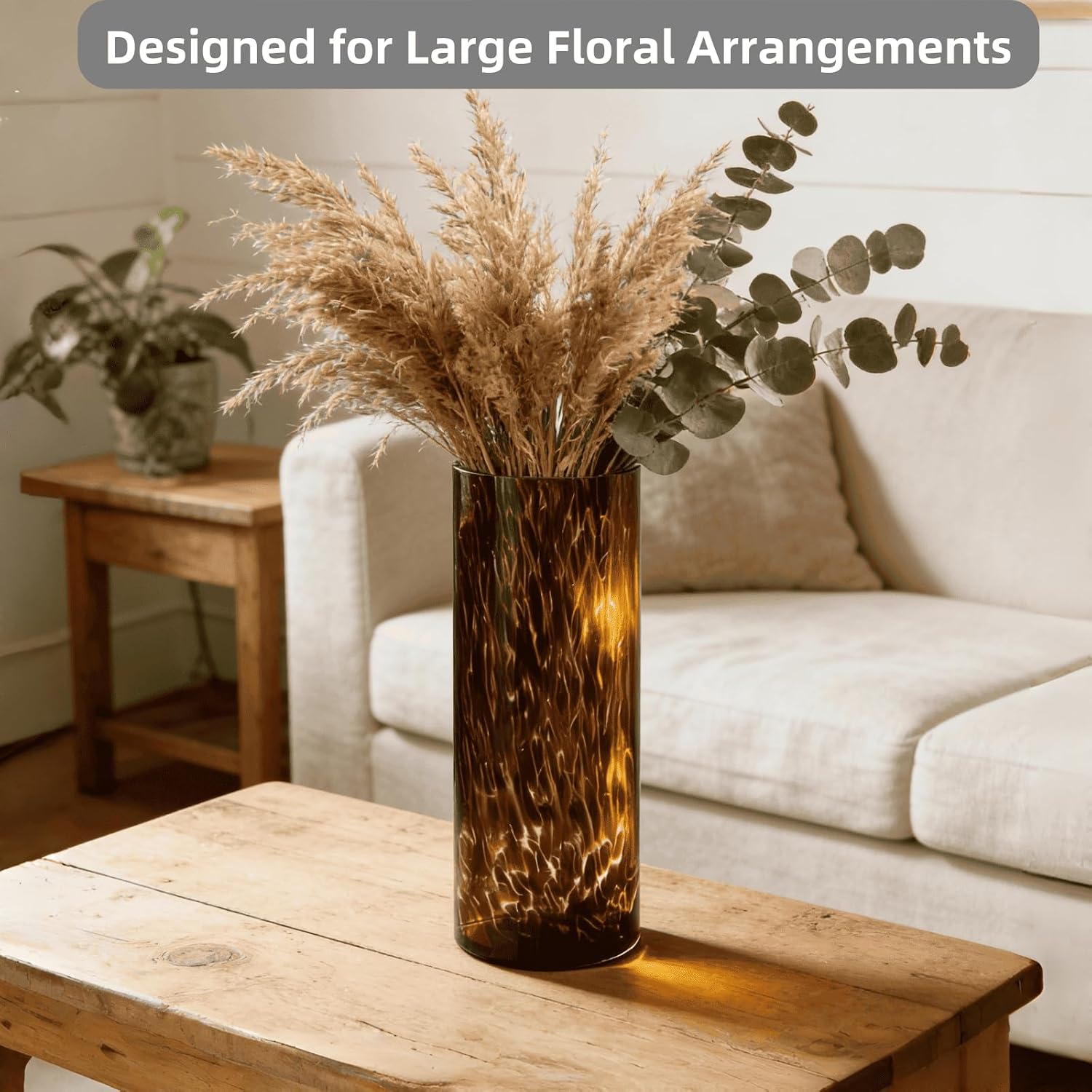 Large Leopard Amber Glass Vase, Luxe 11.8” Brown Decorative Centerpiece, Translucent Vintage Tortoise Shell Vase for Pampas Grass, Boho Modern Farmhouse Home Decor