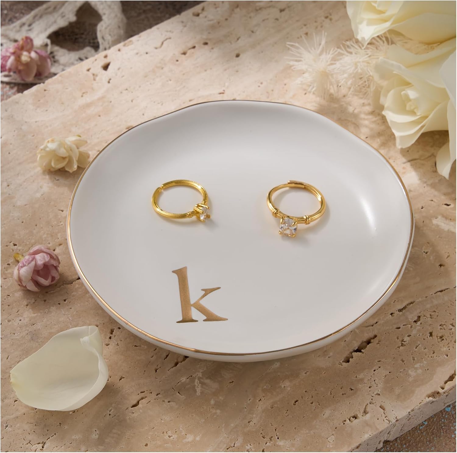 Lolalet Handmade Ceramic Ring Dish Jewelry Tray Plate with Initial, Small Monogram Gift for Her Women Girls Mother, Hostess, Engagement, Bridal Shower, Maid of Honor, Bridesmaid, Birthday, Christmas