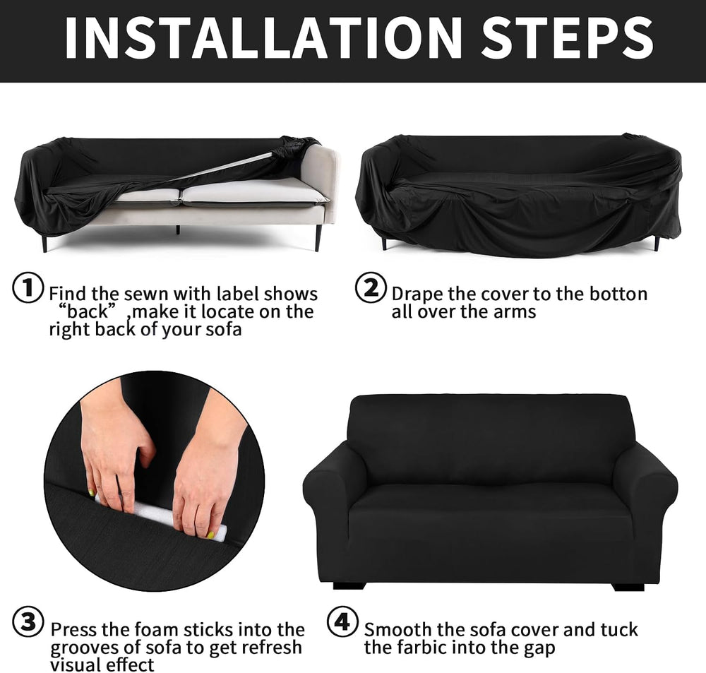 Peryiter 3 Pcs Couch and Loveseat Sofa Covers,Black,Milk Silk