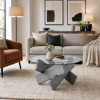 Round Glass Top Coffee Tables, 33.4 Inch Gray Coffee Table with Crossed Legs, Modern Mid Century Round Coffee Tables for Living Room, Circle Glass Coffee Tables for Living Room