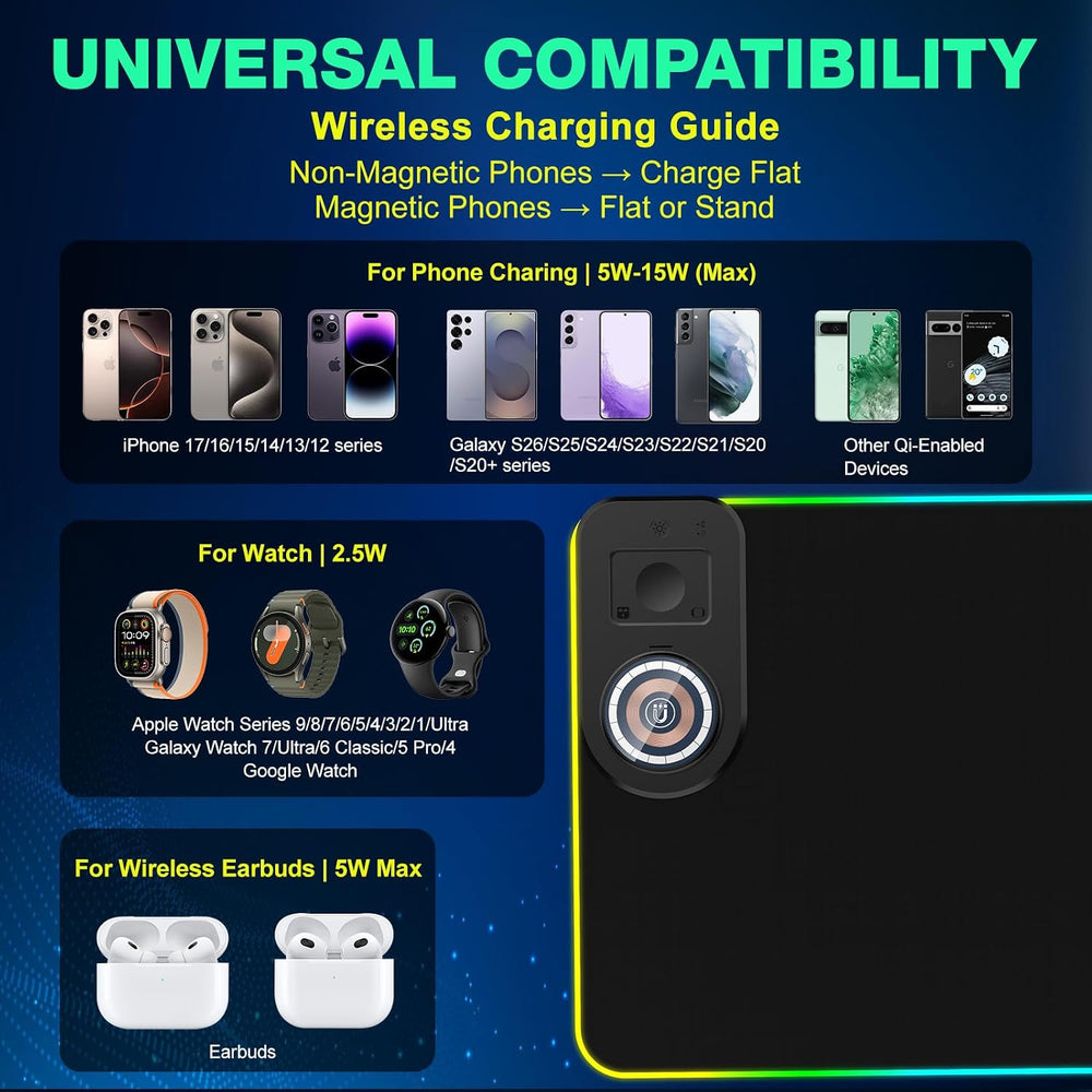 RGB Gaming Mouse Pad Wireless Charging Desk Mat with Foldable Phone Stand, La...