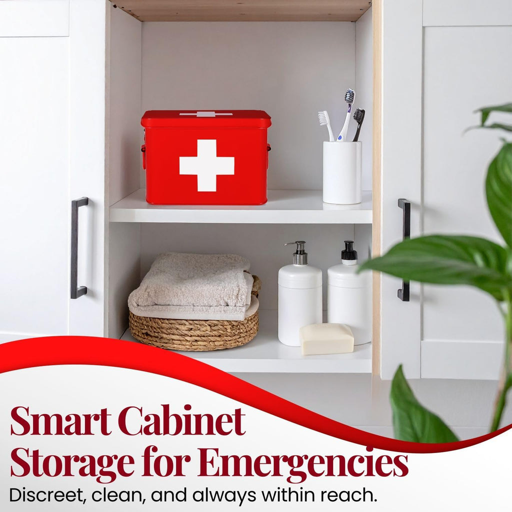 Flexzion First Aid Box Organizer, Empty 8.5 Inch Red Vintage First Aid Kit Tin Metal Medical Box First Aid Storage Box Container Bins with Dividers, Removable Tray and Cross Logo