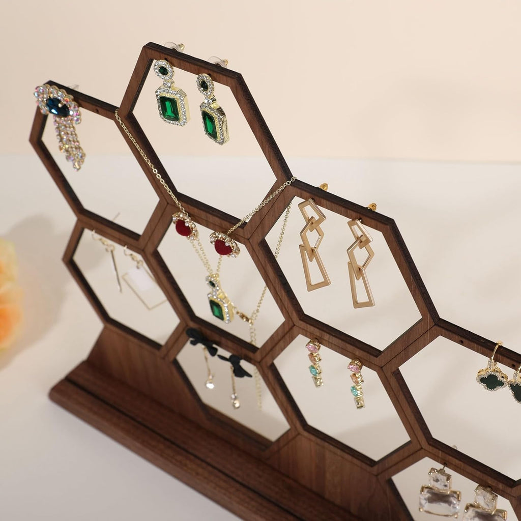 GemeShou hexagonal jewelry earring display stands for selling, wooden necklace jewelry organizer hanging, walnut earring hanger dangle holder for show, home decor【Jewelry shelf-Hexagon】