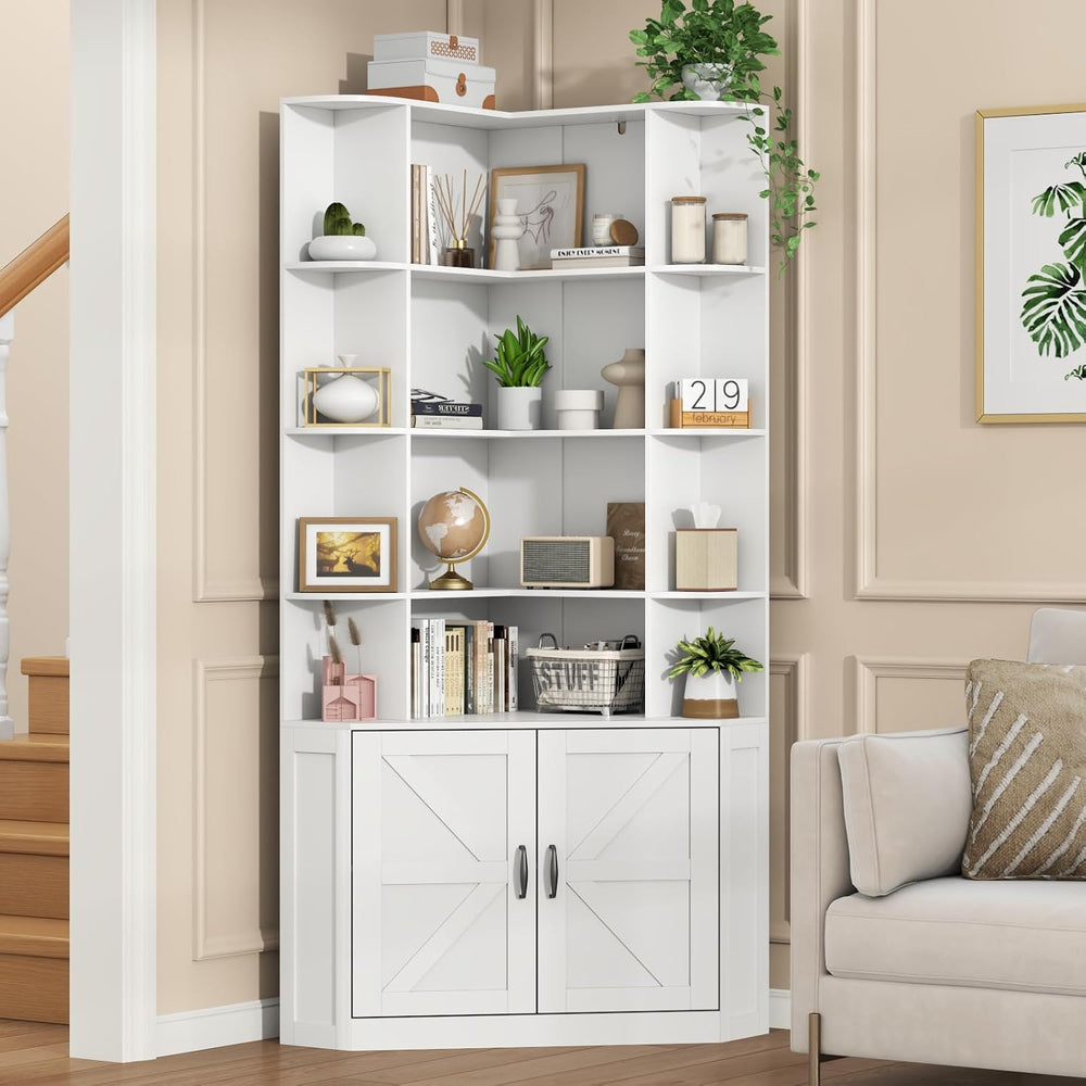Corner Bookshelf with Doors, 6 Tier Corner Bookcase with Storage Cabinet