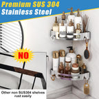 VINIUSIKI 3-Pack Polished 304 Stainless Steel Shower Caddy - Corner Shelves with Soap Holder & 4 Hooks, Adhesive Wall Mounted Organizer for Bathroom, Kitchen, Home Decor