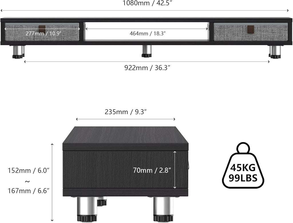 Fenge Dual Monitor Stand with 2 Drawers, 42.5 Inches Large Computer Riser for Desk, Adjustable Height Desk Shelf with Storage for Laptop, PC, TV, Printer