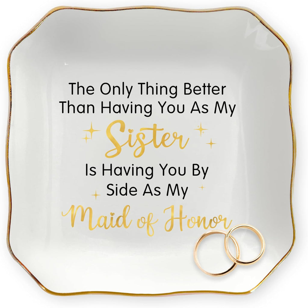 OASSIE Christmas Maid of Honor Gifts for Women - 4"x4" Ceramic Jewelry Dish Tray - Christmas Wedding Bridesmaid Gifts for Sister, Ring Holder for Women, Jewelry Tray for Maid of Honor Proposal