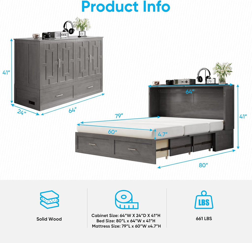 Mjkone Murphy Bed with Folding Mattress, Queen Size Cabinet Bed with USB Charging Station & Large Drawers, Cube Cabinet Beds for Guest Room, Home, Office (Grey)